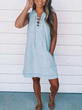Pure Casual V necl Lacing Sleeveless Pocket Jean Shift Dresses